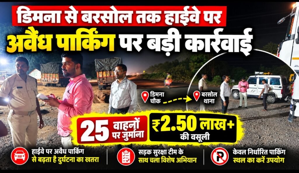 डिमना से बरसोल तक हाईवे पर अवैध पार्किंग करने वालों पर शिकंजा, 25 वाहनों से वसूला गया 2.50 लाख रुपये से अधिक जुर्माना